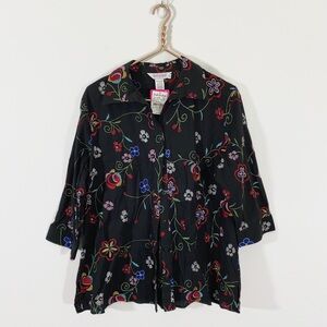 Fresh Produce NWT 1X Black Multicolor Floral Embroidered Button Down Blouse‎ Top